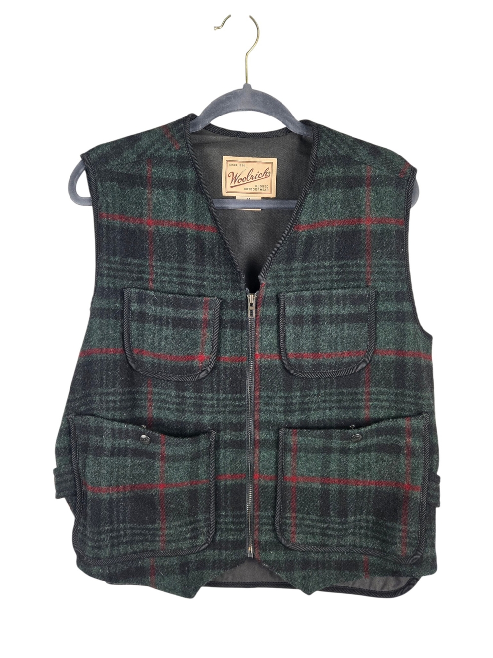 Woolrich Plaid Wool Vest Vintage Multi Pocket Zip Green Medium